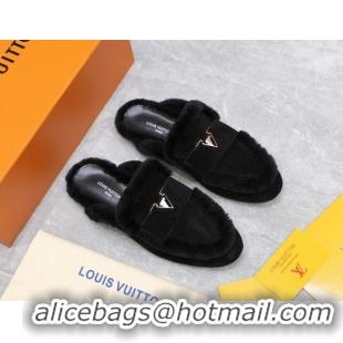 Most Popular Louis Vuitton LV Capri Open Back Loafers/Flat Mules in Suede and Wool Black 905090