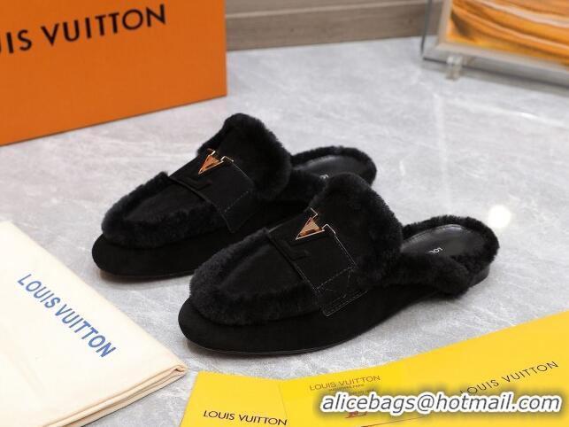 Most Popular Louis Vuitton LV Capri Open Back Loafers/Flat Mules in Suede and Wool Black 905090