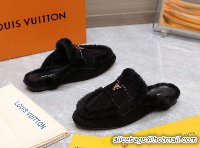 Most Popular Louis Vuitton LV Capri Open Back Loafers/Flat Mules in Suede and Wool Black 905090