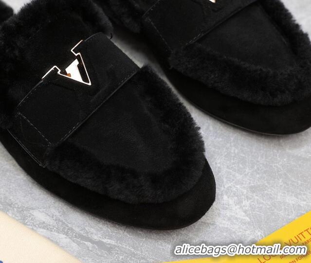 Most Popular Louis Vuitton LV Capri Open Back Loafers/Flat Mules in Suede and Wool Black 905090