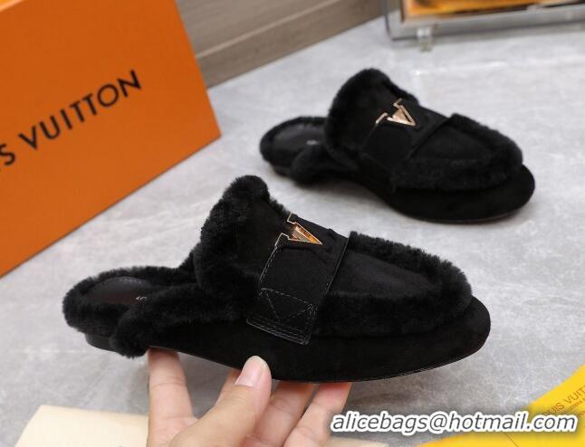 Most Popular Louis Vuitton LV Capri Open Back Loafers/Flat Mules in Suede and Wool Black 905090