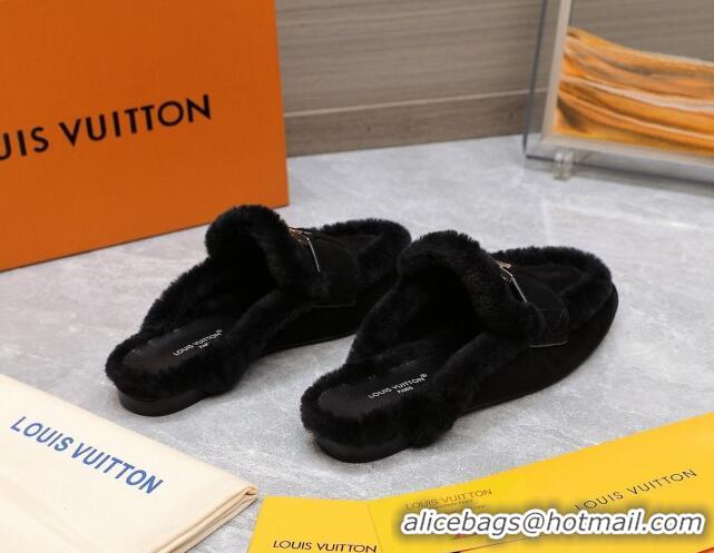 Most Popular Louis Vuitton LV Capri Open Back Loafers/Flat Mules in Suede and Wool Black 905090