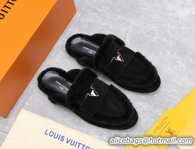 Most Popular Louis Vuitton LV Capri Open Back Loafers/Flat Mules in Suede and Wool Black 905090