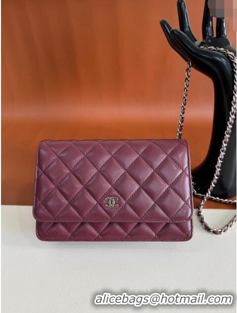 Sophisticated Discount Chanel Lambskin Classic Wallet on Chain WOC CH9092 Dark Burgundy/Silver 2024