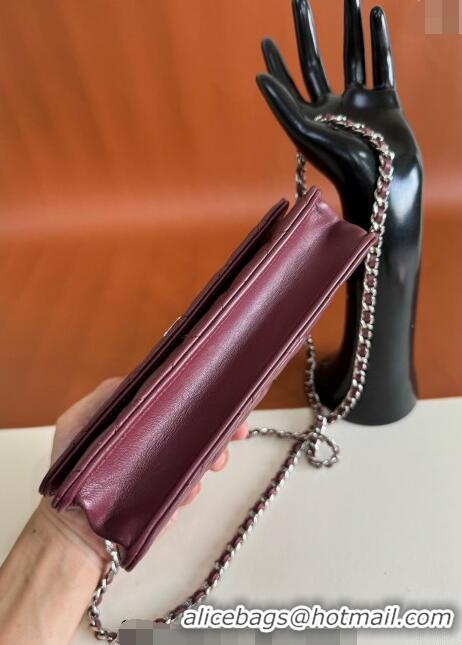 Sophisticated Discount Chanel Lambskin Classic Wallet on Chain WOC CH9092 Dark Burgundy/Silver 2024