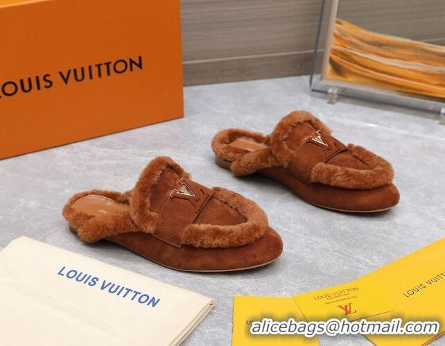 Good Product Louis Vuitton LV Capri Open Back Loafers/Flat Mules in Suede and Wool Dark Brown 905091