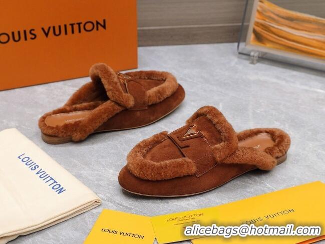 Good Product Louis Vuitton LV Capri Open Back Loafers/Flat Mules in Suede and Wool Dark Brown 905091