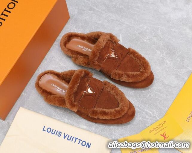 Good Product Louis Vuitton LV Capri Open Back Loafers/Flat Mules in Suede and Wool Dark Brown 905091