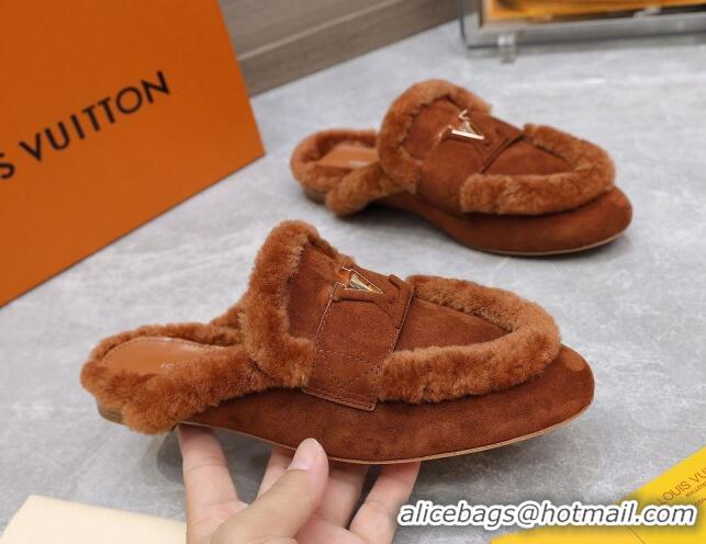 Good Product Louis Vuitton LV Capri Open Back Loafers/Flat Mules in Suede and Wool Dark Brown 905091