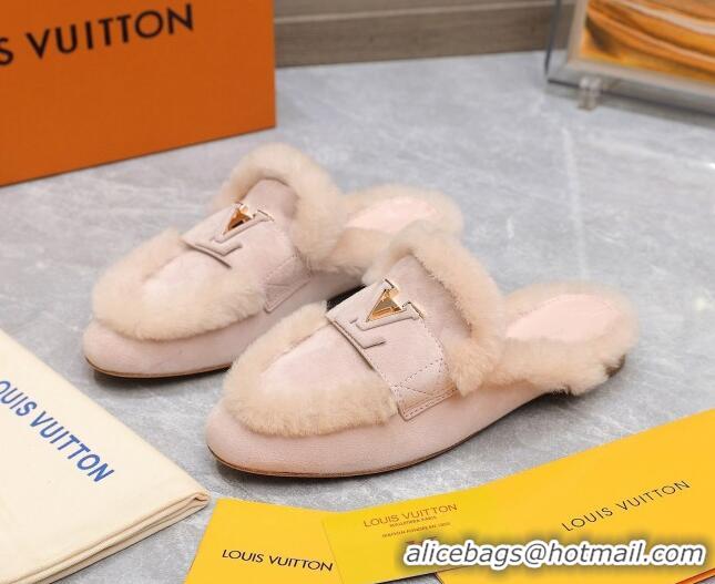 Good Looking Louis Vuitton LV Capri Open Back Loafers/Flat Mules in Suede and Wool Light Pink 905093