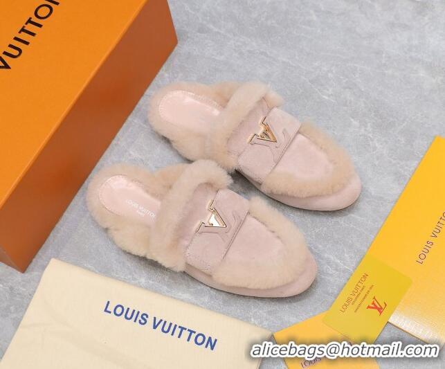 Good Looking Louis Vuitton LV Capri Open Back Loafers/Flat Mules in Suede and Wool Light Pink 905093