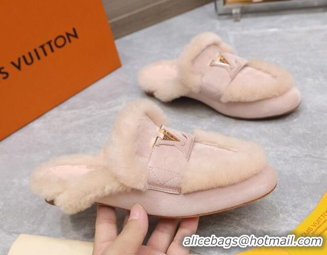 Good Looking Louis Vuitton LV Capri Open Back Loafers/Flat Mules in Suede and Wool Light Pink 905093