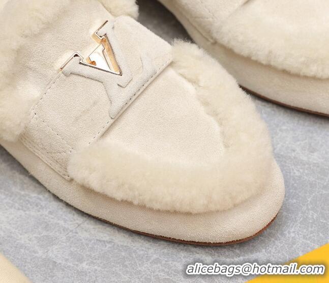 Pretty Style Louis Vuitton LV Capri Open Back Loafers/Flat Mules in Suede and Wool White 905095