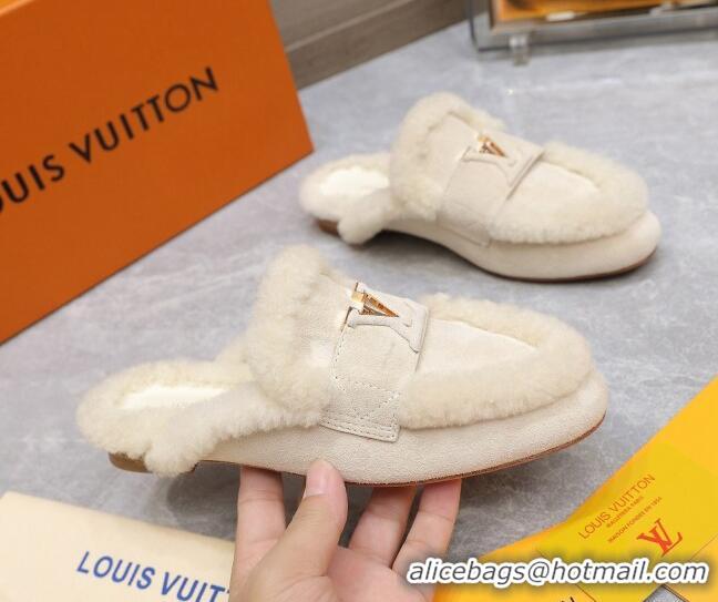 Pretty Style Louis Vuitton LV Capri Open Back Loafers/Flat Mules in Suede and Wool White 905095