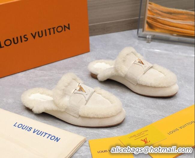 Pretty Style Louis Vuitton LV Capri Open Back Loafers/Flat Mules in Suede and Wool White 905095