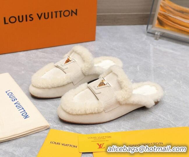 Pretty Style Louis Vuitton LV Capri Open Back Loafers/Flat Mules in Suede and Wool White 905095