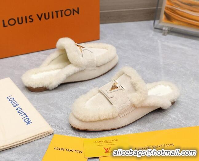 Pretty Style Louis Vuitton LV Capri Open Back Loafers/Flat Mules in Suede and Wool White 905095