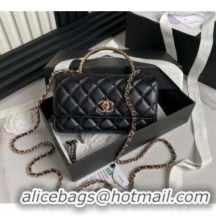 Original Cheap Chanel Lambskin Clutch with Chain and Strass Top Handle AP4044 Black 2024