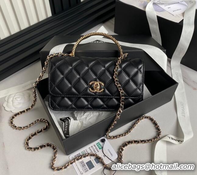 Original Cheap Chanel Lambskin Clutch with Chain and Strass Top Handle AP4044 Black 2024