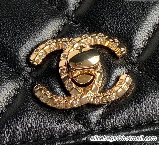 Original Cheap Chanel Lambskin Clutch with Chain and Strass Top Handle AP4044 Black 2024