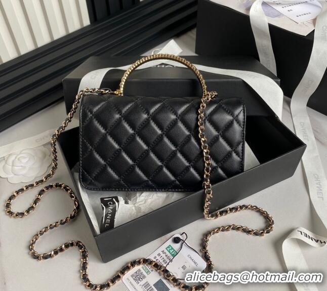 Original Cheap Chanel Lambskin Clutch with Chain and Strass Top Handle AP4044 Black 2024