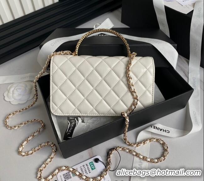 New Arrivals Chanel Lambskin Clutch with Chain and Strass Top Handle AP4044 White 2024