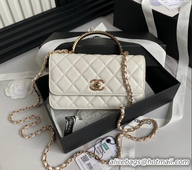 New Arrivals Chanel Lambskin Clutch with Chain and Strass Top Handle AP4044 White 2024