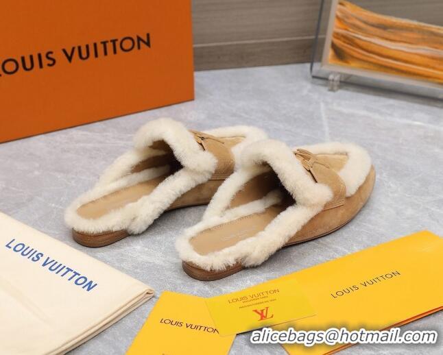 Best Product Louis Vuitton LV Capri Open Back Loafers/Flat Mules in Suede and Wool Camel 905094