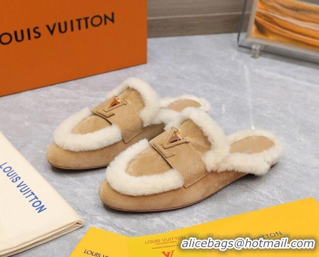 Best Product Louis Vuitton LV Capri Open Back Loafers/Flat Mules in Suede and Wool Camel 905094