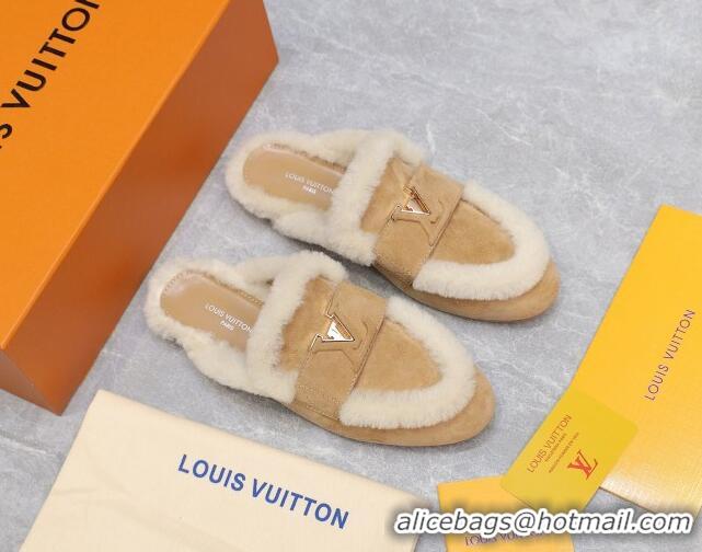 Best Product Louis Vuitton LV Capri Open Back Loafers/Flat Mules in Suede and Wool Camel 905094