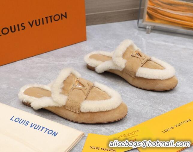 Best Product Louis Vuitton LV Capri Open Back Loafers/Flat Mules in Suede and Wool Camel 905094