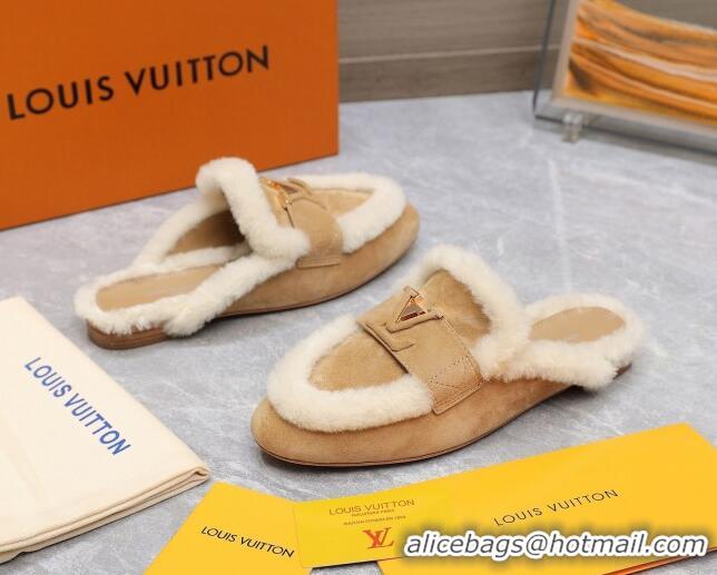 Best Product Louis Vuitton LV Capri Open Back Loafers/Flat Mules in Suede and Wool Camel 905094