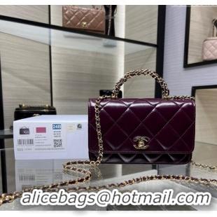 New Cheap Chanel Lambskin Wallet on Chain WOC with Top Handle AP4166 Dark Burgundy 2024