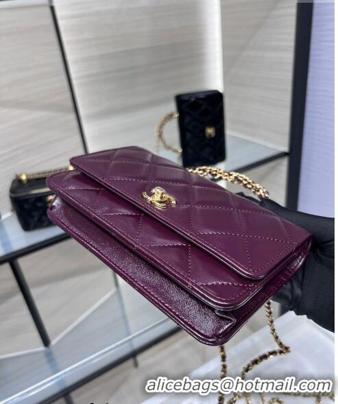 New Cheap Chanel Lambskin Wallet on Chain WOC with Top Handle AP4166 Dark Burgundy 2024