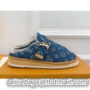 Charming Louis Vuitton LV Cosy Flat Comfort Clog Mules in Blue Denim and Wool 905096