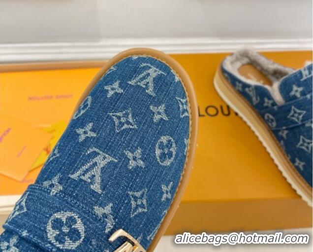 Charming Louis Vuitton LV Cosy Flat Comfort Clog Mules in Blue Denim and Wool 905096