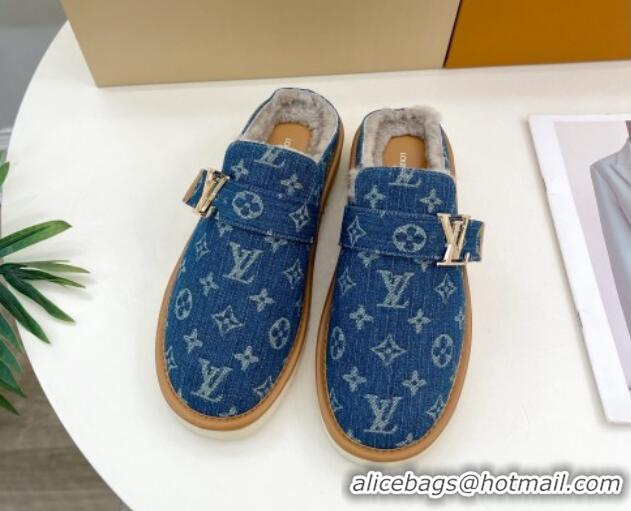 Charming Louis Vuitton LV Cosy Flat Comfort Clog Mules in Blue Denim and Wool 905096