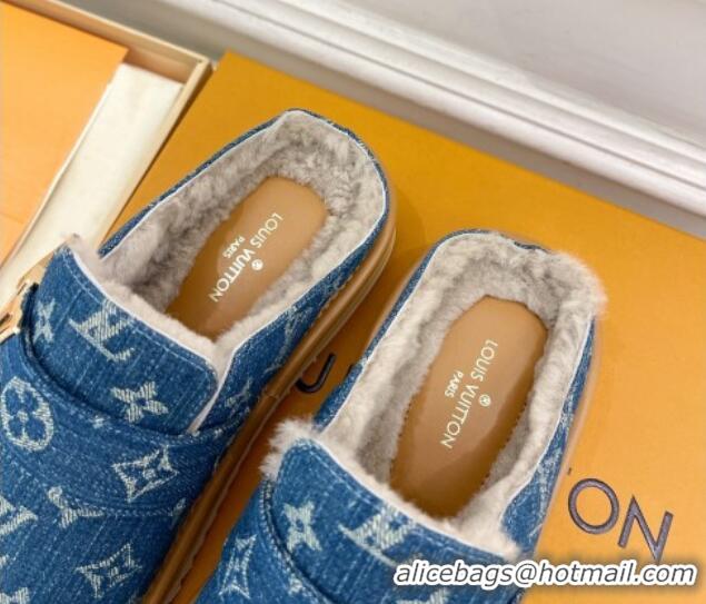 Charming Louis Vuitton LV Cosy Flat Comfort Clog Mules in Blue Denim and Wool 905096