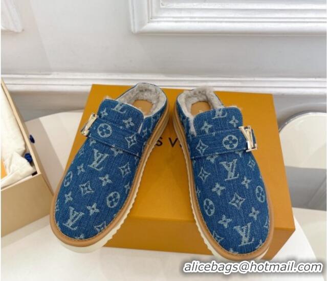 Charming Louis Vuitton LV Cosy Flat Comfort Clog Mules in Blue Denim and Wool 905096