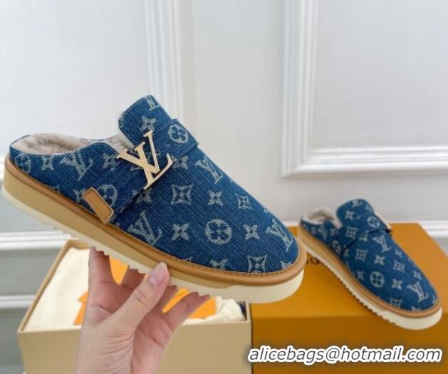 Charming Louis Vuitton LV Cosy Flat Comfort Clog Mules in Blue Denim and Wool 905096