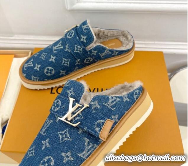 Charming Louis Vuitton LV Cosy Flat Comfort Clog Mules in Blue Denim and Wool 905096