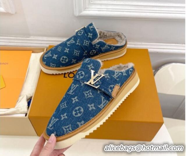 Charming Louis Vuitton LV Cosy Flat Comfort Clog Mules in Blue Denim and Wool 905096