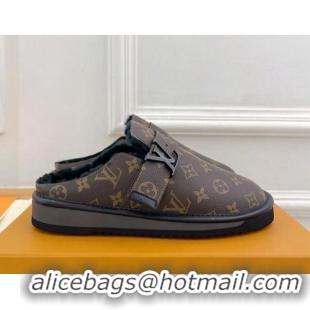 Luxurious Louis Vuitton LV Cosy Flat Comfort Clog Mules in Brown Monogram Canvas and Wool 905097