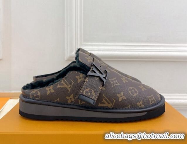 Luxurious Louis Vuitton LV Cosy Flat Comfort Clog Mules in Brown Monogram Canvas and Wool 905097