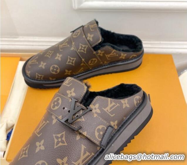 Luxurious Louis Vuitton LV Cosy Flat Comfort Clog Mules in Brown Monogram Canvas and Wool 905097