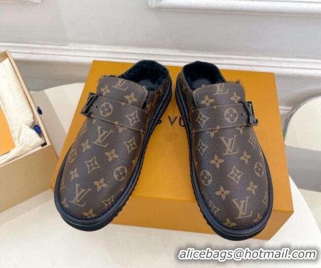 Luxurious Louis Vuitton LV Cosy Flat Comfort Clog Mules in Brown Monogram Canvas and Wool 905097