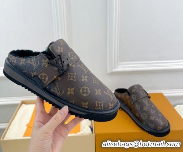 Luxurious Louis Vuitton LV Cosy Flat Comfort Clog Mules in Brown Monogram Canvas and Wool 905097