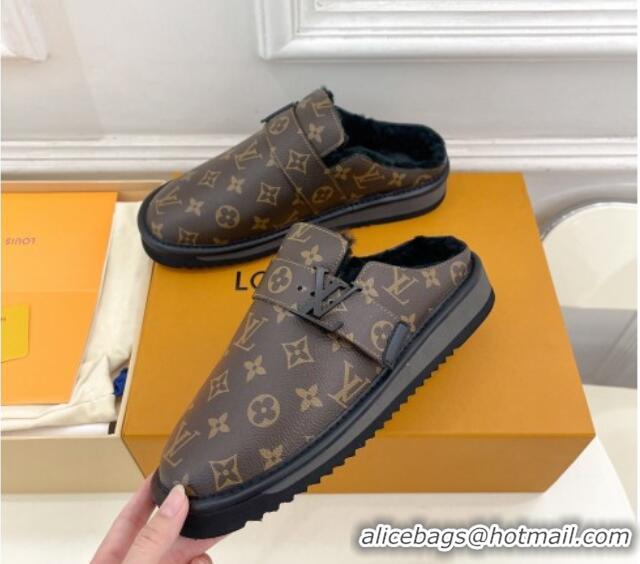 Luxurious Louis Vuitton LV Cosy Flat Comfort Clog Mules in Brown Monogram Canvas and Wool 905097