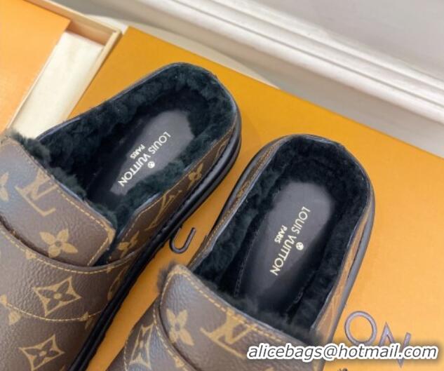 Luxurious Louis Vuitton LV Cosy Flat Comfort Clog Mules in Brown Monogram Canvas and Wool 905097