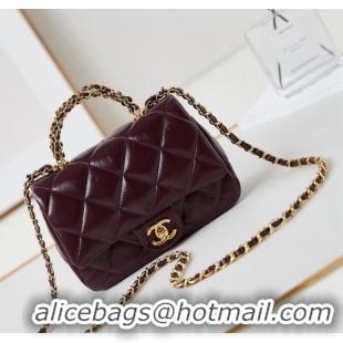 New Release Creation Chanel Lambskin Mini Flap bag with Top Handle AS5032 Dark Burgundy 2024